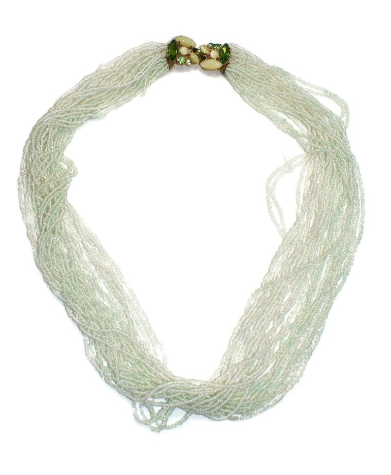 Vintage 24 Strand Pale Green Beaded Necklace with Gold Tone and Green Glass Hook Clasp. image 1