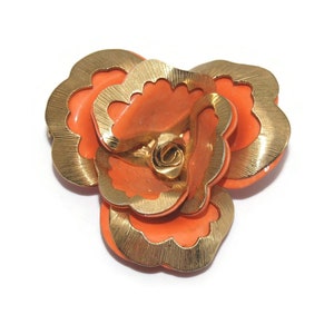 Bold Vintage Gold Tone and Orange Enamel Flower Brooch.