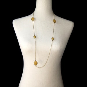 Vintage Ann Taylor Gold Tone, Orange Resin and Clear Rhinestones 36 Inch Necklace with Spring Ring Clasp. Ann Taylor Hallmark Tag.