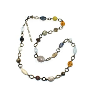 Vintage Premier Designs Brass Tone Multi Color Plastic Beaded 35 Inch Necklace with Lobster Claw Clasp. PD Hallmark Tag.