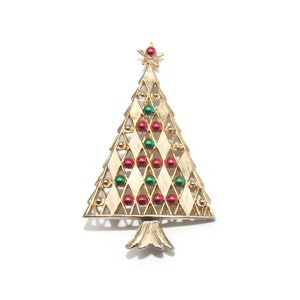 Vintage Gold Tone Christmas Tree Brooch. Decorated with Pearlescent Green and Red Enameled Beads.