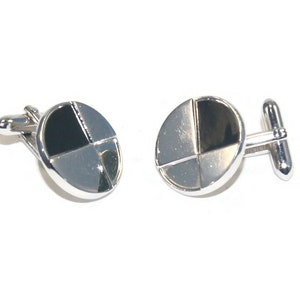 Vintage Swank Silver Tone and Black Enamel Round Cuff Links. Swank Hallmark.