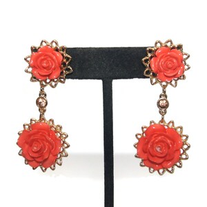 Vintage Gold Tone, Clear Rhinestones and Orange Plastic Roses Dangle Earrings with Post Backs for Pierced Ears.