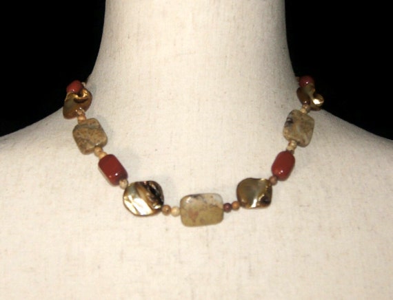 Vintage Mother of Pearl, Brown and Red Jasper Bea… - image 2