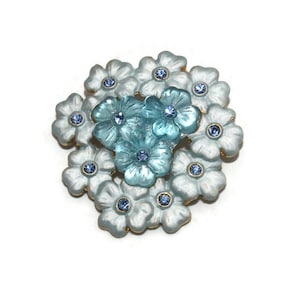 Vintage Gold Tone with Shades of Blue Acrylic and Enamel and Blue Rhinestones Floral Brooch.