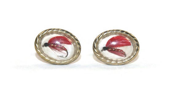 Vintage Gold Tone Fly Fishing Flies in Clear Resin Oval Cuff Links.