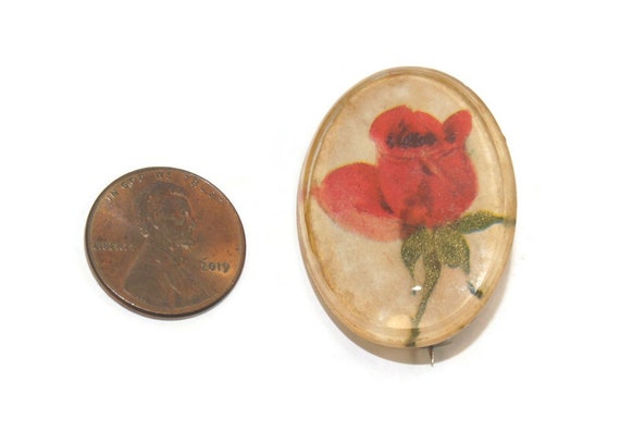 Vintage Red Rose in Clear Resin Oval Brooch. - image 3