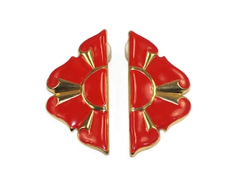 Vintage Gold Tone and Red Enamel Stud Earrings with Post Backs for Pierced Ears.