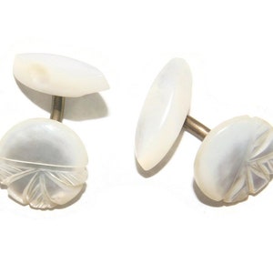 Antique Edwardian Gold Tone and Carved Mother of Pearl Cuff Links.