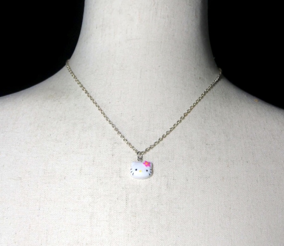 Classic Hello Kitty Pendant Necklace, Vintage Silver Tone & White