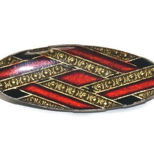 Vintage Silver and Gold Tone Oval Red and Black Enamel Brooch. Pierre Bex Design.