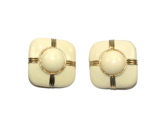 Vintage Gold Tone and Cream Color Enameled Chunky Clip on Earrings.