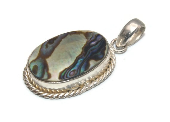 Vintage Sterling Silver and Abalone Oval Pendant. - image 2