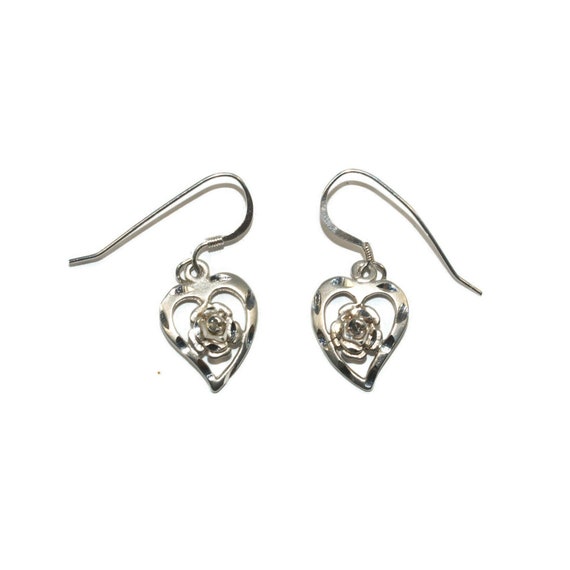 Vintage Sterling Silver Diamond Cut Heart Dangle … - image 1