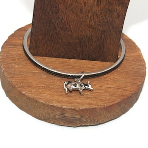 Vintage Sterling Silver and Black Rhinestones 8 Inch Bangle Bracelet with Cow Charm. CA 925 Hallmark.