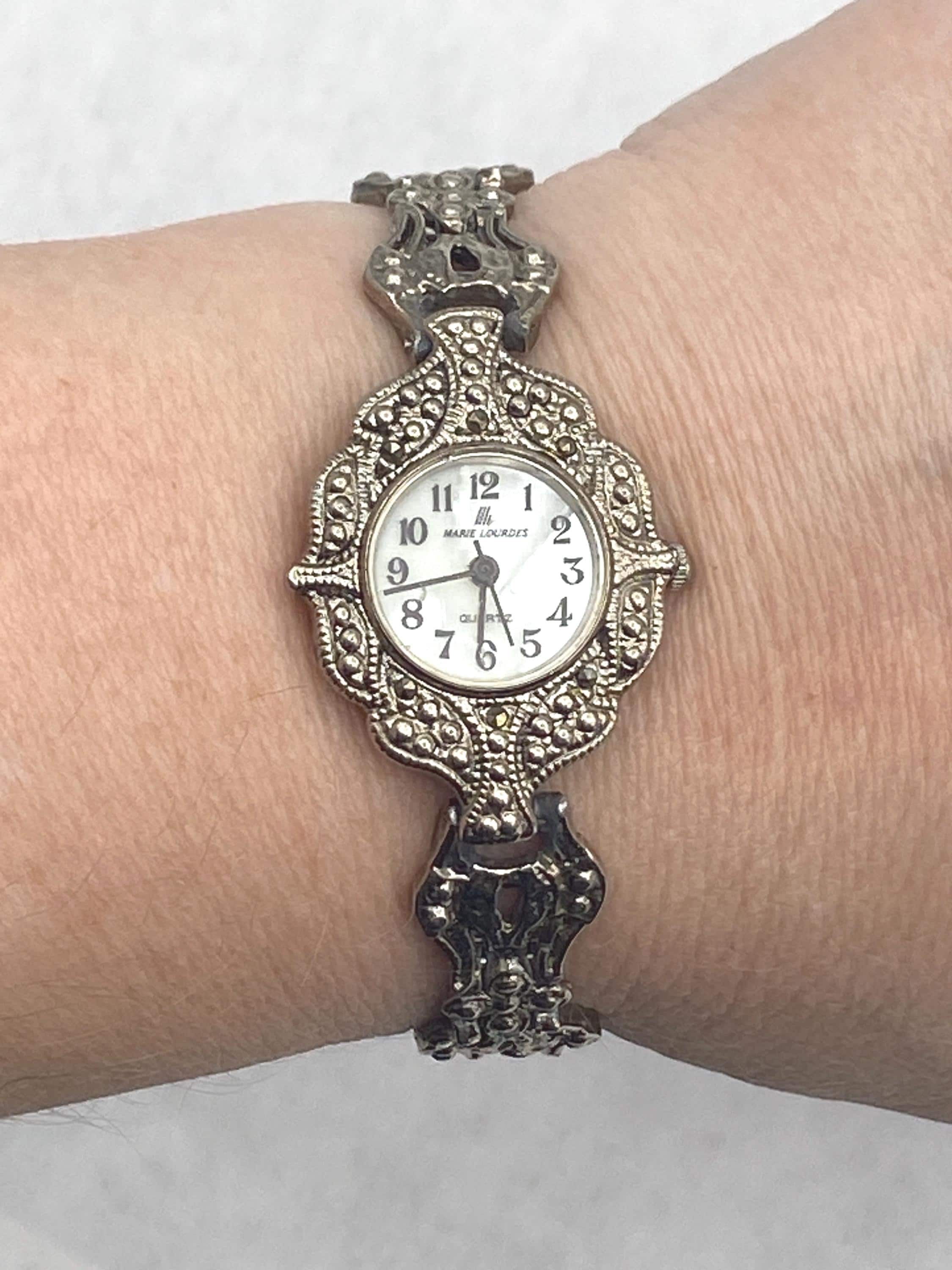 Vintage 90s Majestron Sterling Silver .925 Marcasite Onyx Cocktail Watch MAJESTRON Dainty Womens Watch Silver Tone Beaded Safety  main image 2