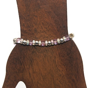 Vintage Silver Tone, AB Rhinestones and Pink Plastic Beads 6 1/2 Inch Elastic Beaded Bracelet with Lobster Claw Clasp.