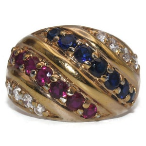 Vintage Gold Plated Sterling Silver Vermeil Sapphires, Rubies and Clear CZs Size 9 Statement Ring. Marked 925 China.