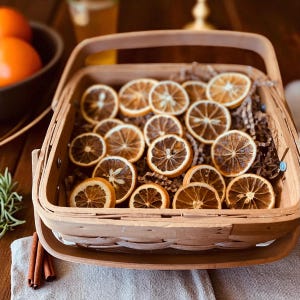 May include: A wooden basket filled with dried orange slices, arranged on brown paper. The basket has a handle and is set on a light-colored surface. Cinnamon sticks and oranges are visible in the background.