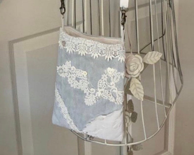 Romantic Bag Over the Shoulder Hanging Purse in Faded Upcycled Denim with Lace Linen n beads Cross Body Bag