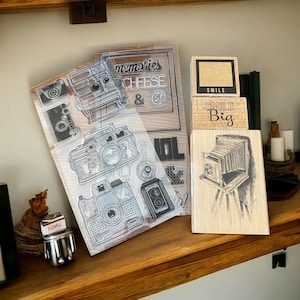 Assorted Vintage Camera | Smile Big | Poloroid Camera | Mounted Rubber Stamps & Clear set perfect words for cards scrapbooking junk journals