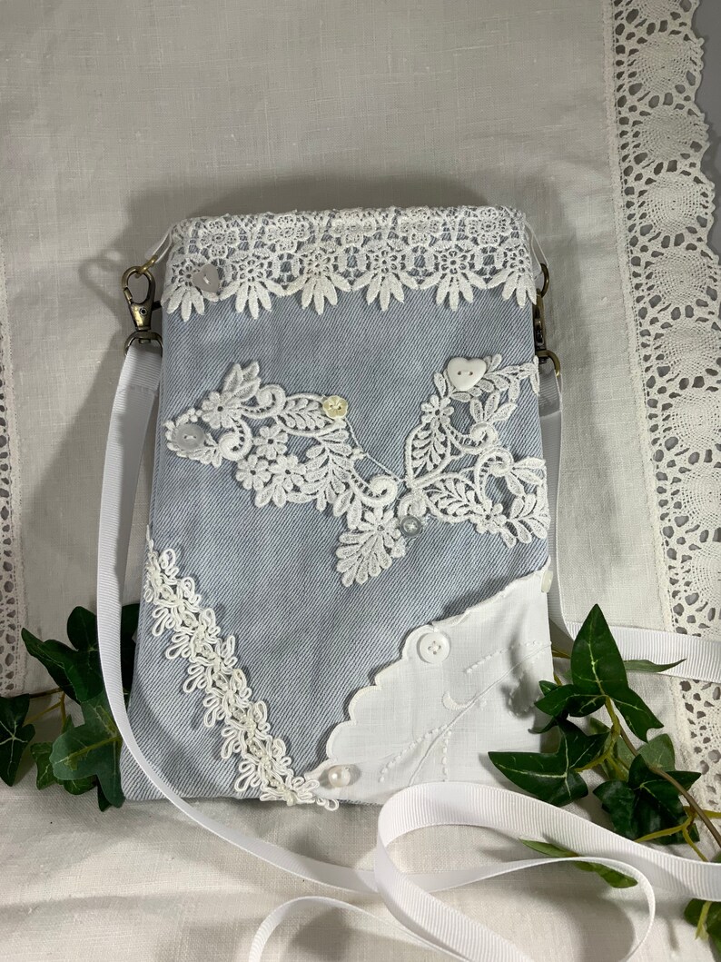 Romantic Bag Over the Shoulder Hanging Purse in Faded Upcycled Denim with Lace Linen n beads Cross Body Bag