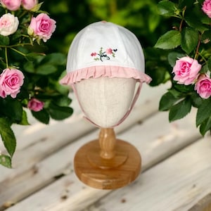 100% Linen Girls Sun Hat with Xst roses perfect as a grandmas gift for granddaughter bonnet for a baby shower heirloom gift for toddler girl