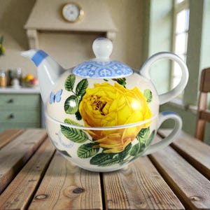 Vintage Barnes and Noble Tea Pot For One with  Yellow Roses and Butterfly with blue by Fringe