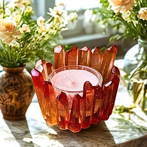 May include: A decorative candle holder with a crystal-like design. The holder is made of orange and red crystals, surrounding a clear glass votive candle holder with a lit pink candle. The background includes flowers in vases.