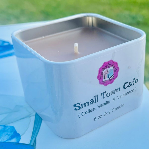 8oz Small Town Cafe (coffee, vanilla, and cinnamon) Scented Soy Candle, FREE FAST SHIPPING, Aromatherapy Soy Candle, Gift for candle lover