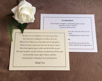 Tarjetas de información para bodas. Encartes para invitaciones de boda, solicitudes de obsequios e información sobre alojamiento. De una o dos caras. Juego "Emily"