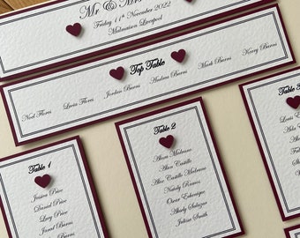 Plano de mesas para bodas. Plano de asientos personalizado. Blanco o marfil con elección de colores de corazón y fondo. "Conjunto de bodas Victoria"