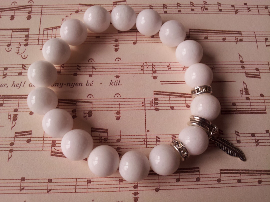 White Quartz Bracelet, White Quartz Gemstone Bracelet, Feather Pendant