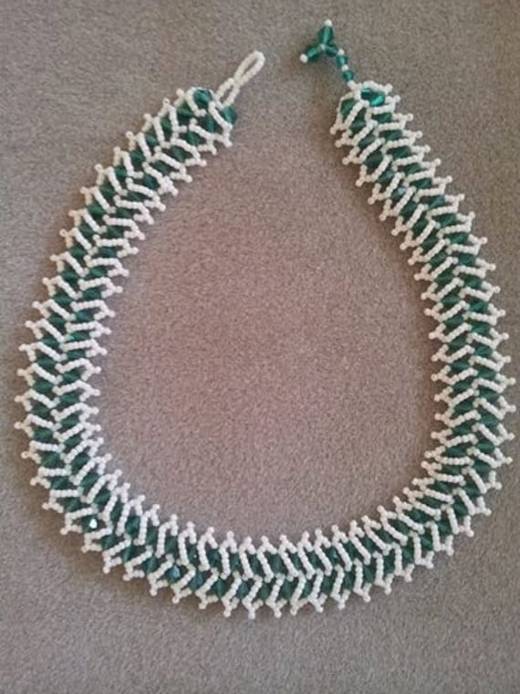 Beadwork  Necklace - 6 mm Emerald Green Glass Bicones and White Czech Sead Beads.