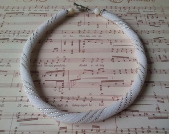 White and Silver geometry. Crocheted beaded necklace, beadwork, crochet necklace, crocheted rope.