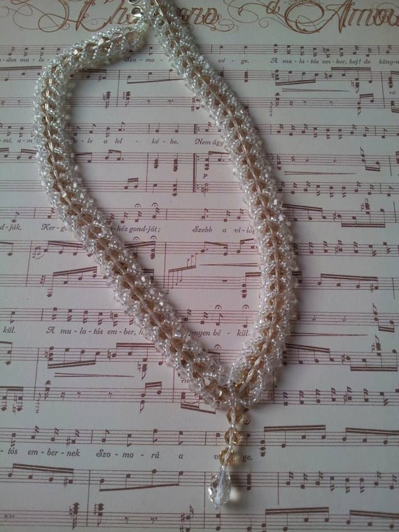 Lovely Beadwork  Necklace - 6 mm Glass Bicones in Champagne Color and White Czech Sead Beads. Beautiful Drop Pendant