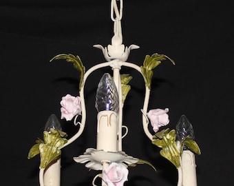 Small toleware chandelier with blue flowers Small toleware chandelier with blue flowers