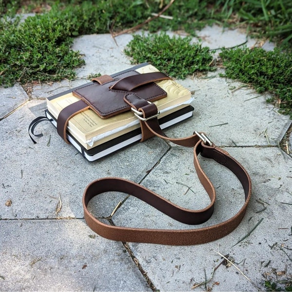 Leather Book Strap | "The Shelley" Traveller Book Strap with Adjustable Carry Loop in Brown - Rustic Leather Book Strap Carrier