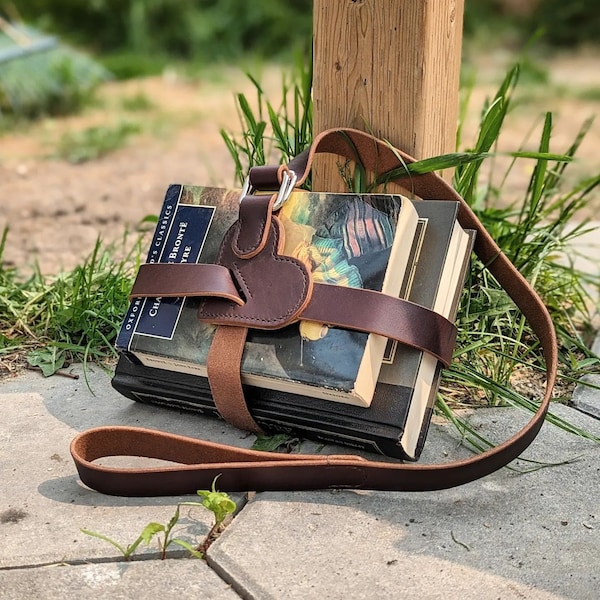 Leather Book Strap | "The Brontë" Heart-Panel in Brown - Rustic Leather Book Strap Carrier