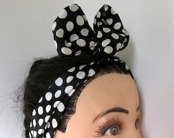 Black Polka Dot Satin reinforced Rabbit Ears Flexible Head Hair Band