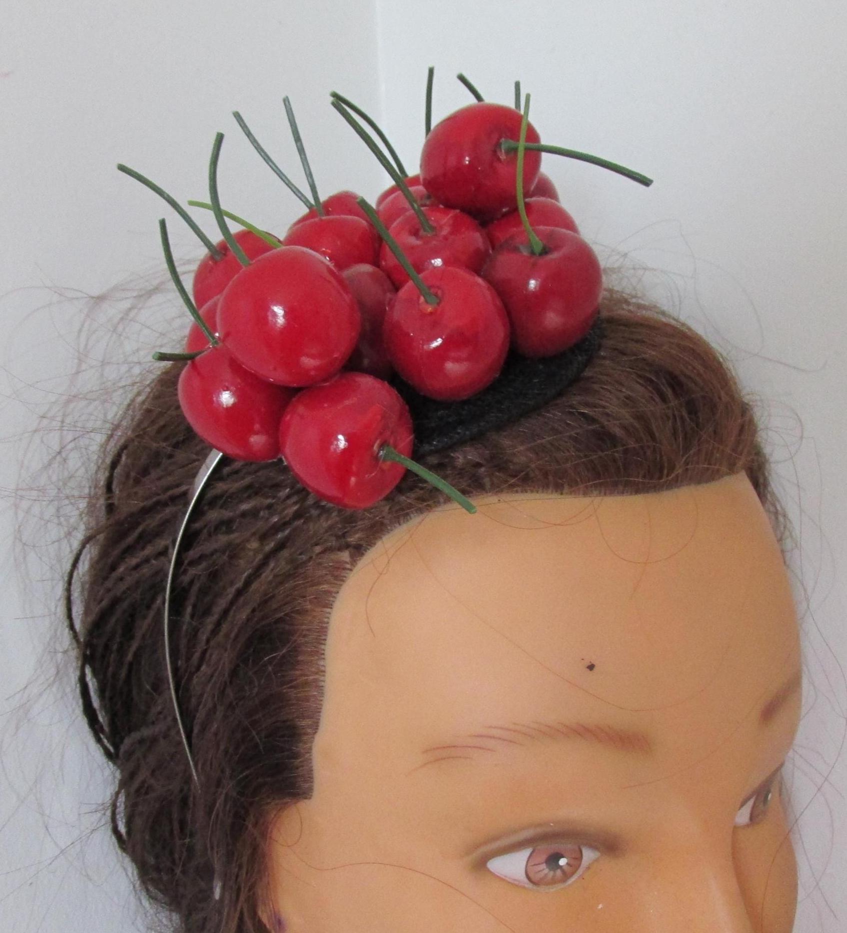 Handmade Cherry Fruit Topped Rockabilly Wedding Fascinator Sinamay Disc Hat