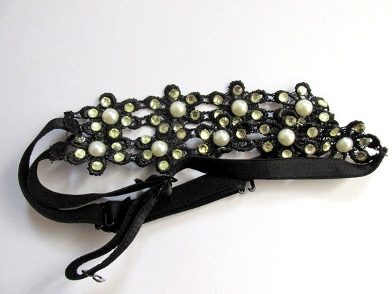 Black Pearl Rhinestone Lace Decorative Bra Straps. Stretchy
