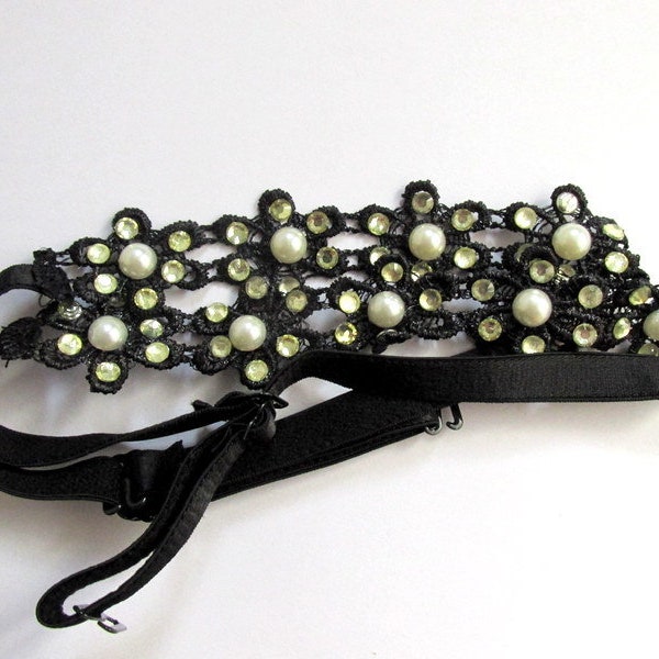 Black Pearl Rhinestone Lace Decorative Bra Straps. Stretchy Adjustable Removable. Will not give support.