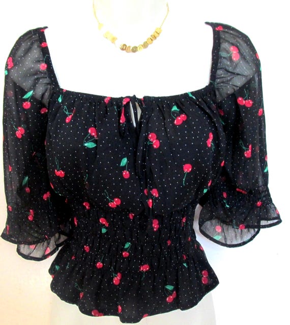 Cherry Fruit Pattern Summer Top. Off Shoulder Blo… - image 1