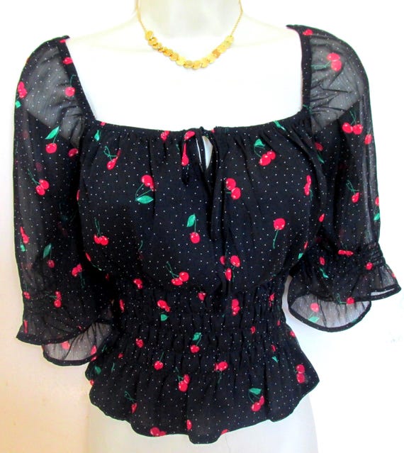 Cherry Fruit Pattern Summer Top. Off Shoulder Blo… - image 2