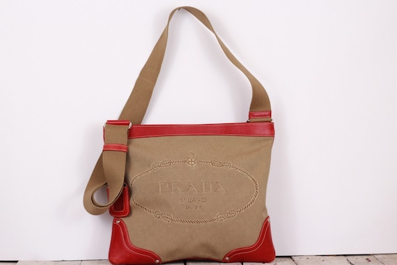 Vintage Shoulder Bag PRADA Logo Canvas Red Leather Bag Prada 