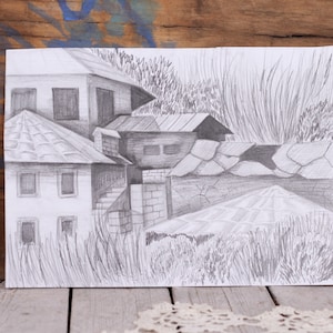 Hand Painted Picture, Old Houses, Pencil Drawing, Old House Graphics, Original Drawing