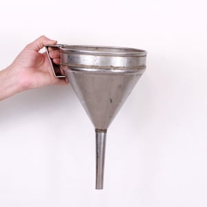 Vintage Stainless Steel Big Industrial Funnel with Handle
