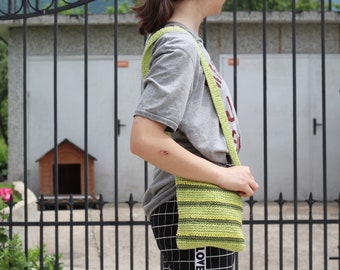 Crossbody bag - Woven shoulder bag - 90s long strap purse - Vintage knitted bag - Green yellow brown tracery bag - Summer bag - Gift for her