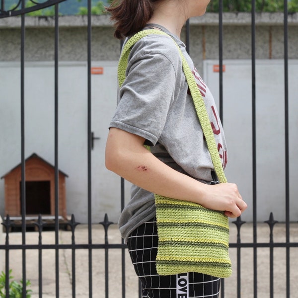 Crossbody bag - Woven shoulder bag - 90s long strap purse - Vintage knitted bag - Green yellow brown tracery bag - Summer bag - Gift for her